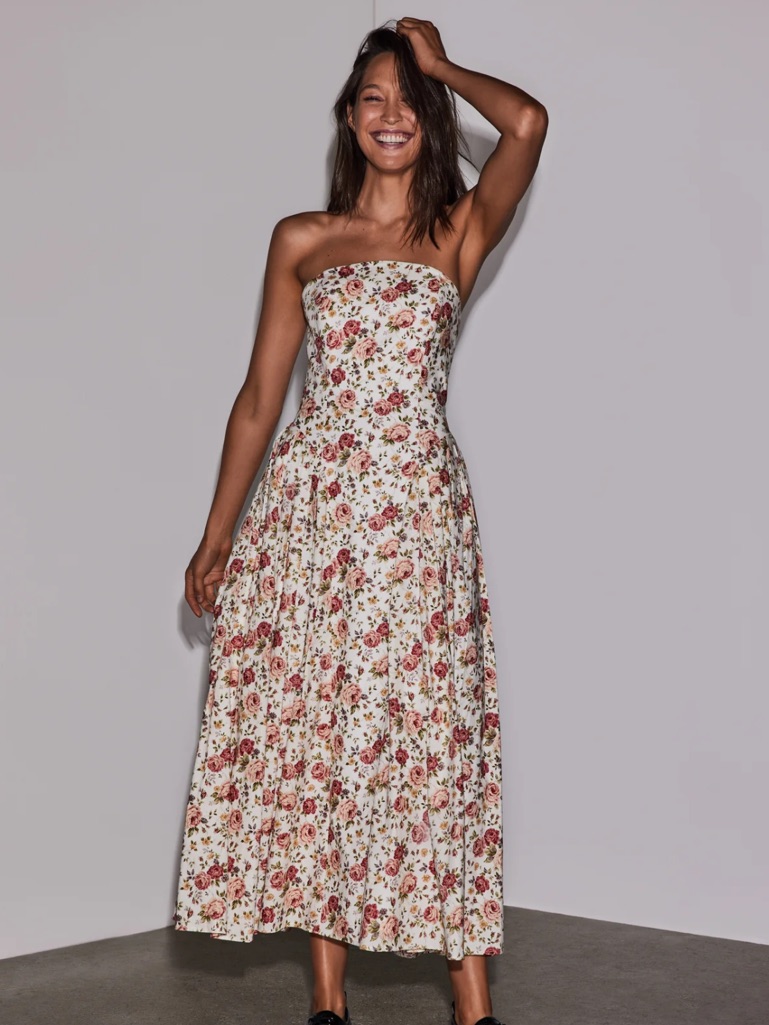 Strapless Floral Maxi Dress In Cream With Rose Print